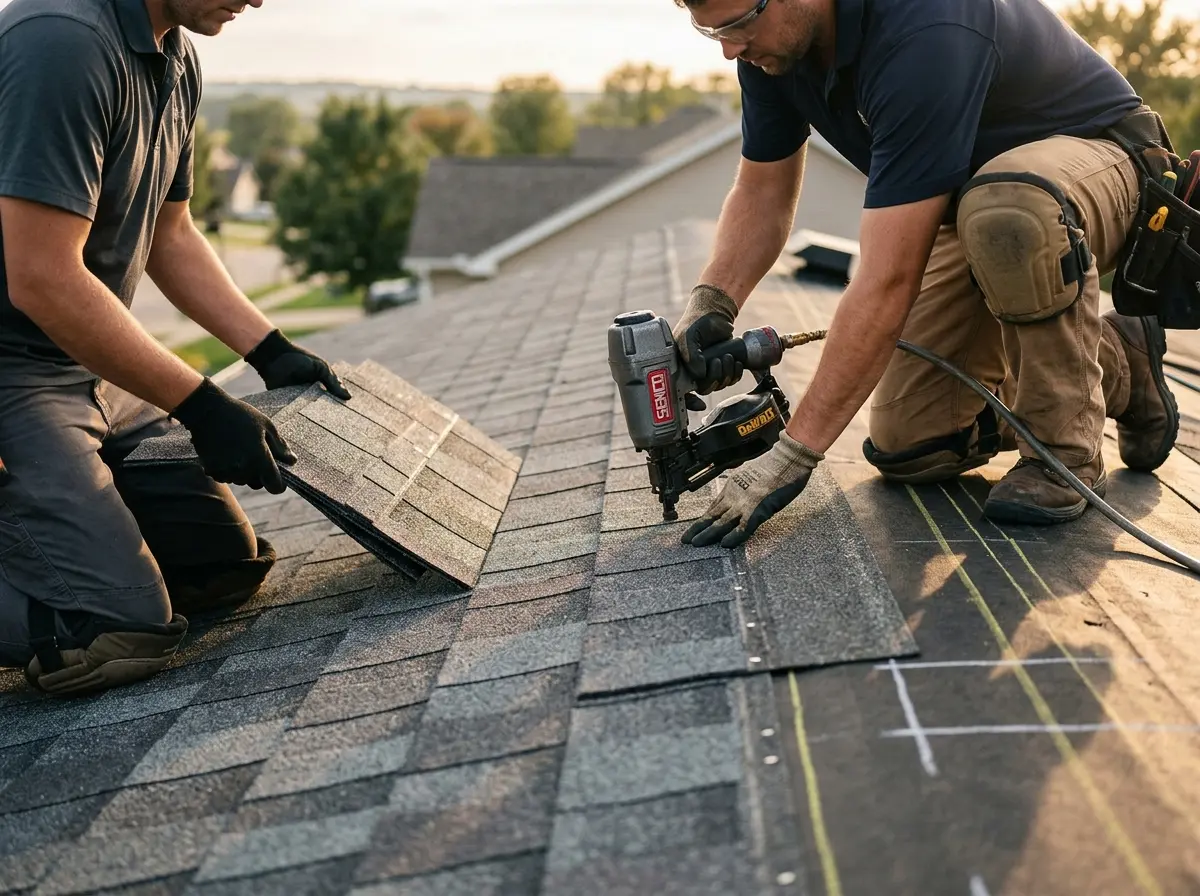 Professional roofer working on a residential roof in Muleshoe
